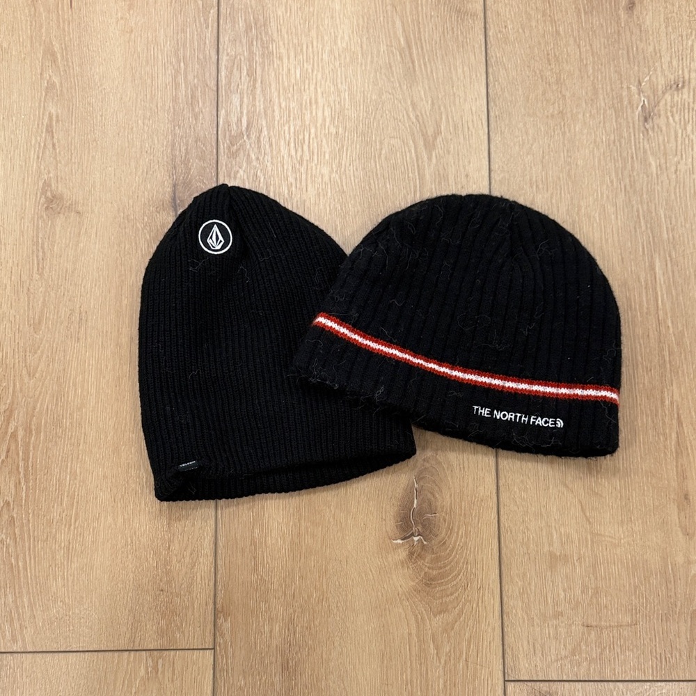 Lot of North Face & Volcom Black Beanie Set with Red Stripe